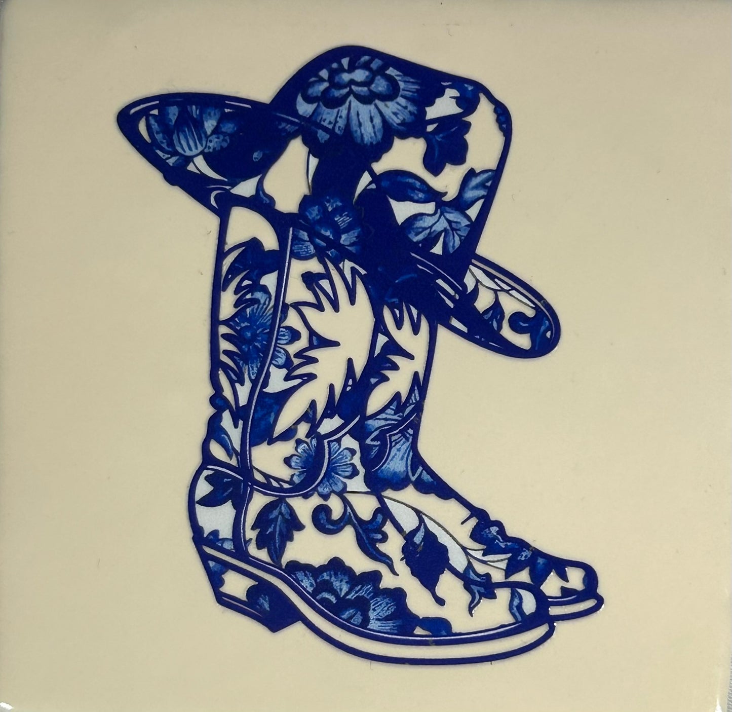 Quote tegeltje 'delftsblauw laars' creme/blauw