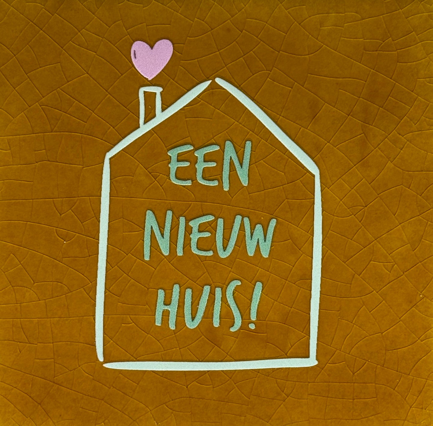 Quote tegeltje 'een nieuw huis' oker/mint(lichtgroen-warmroze)