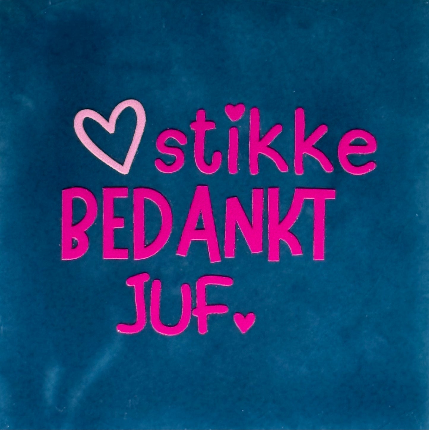 Quote tegeltje '(hart)stikke bedankt juf' donkerblauw/knalroze(warmroze)
