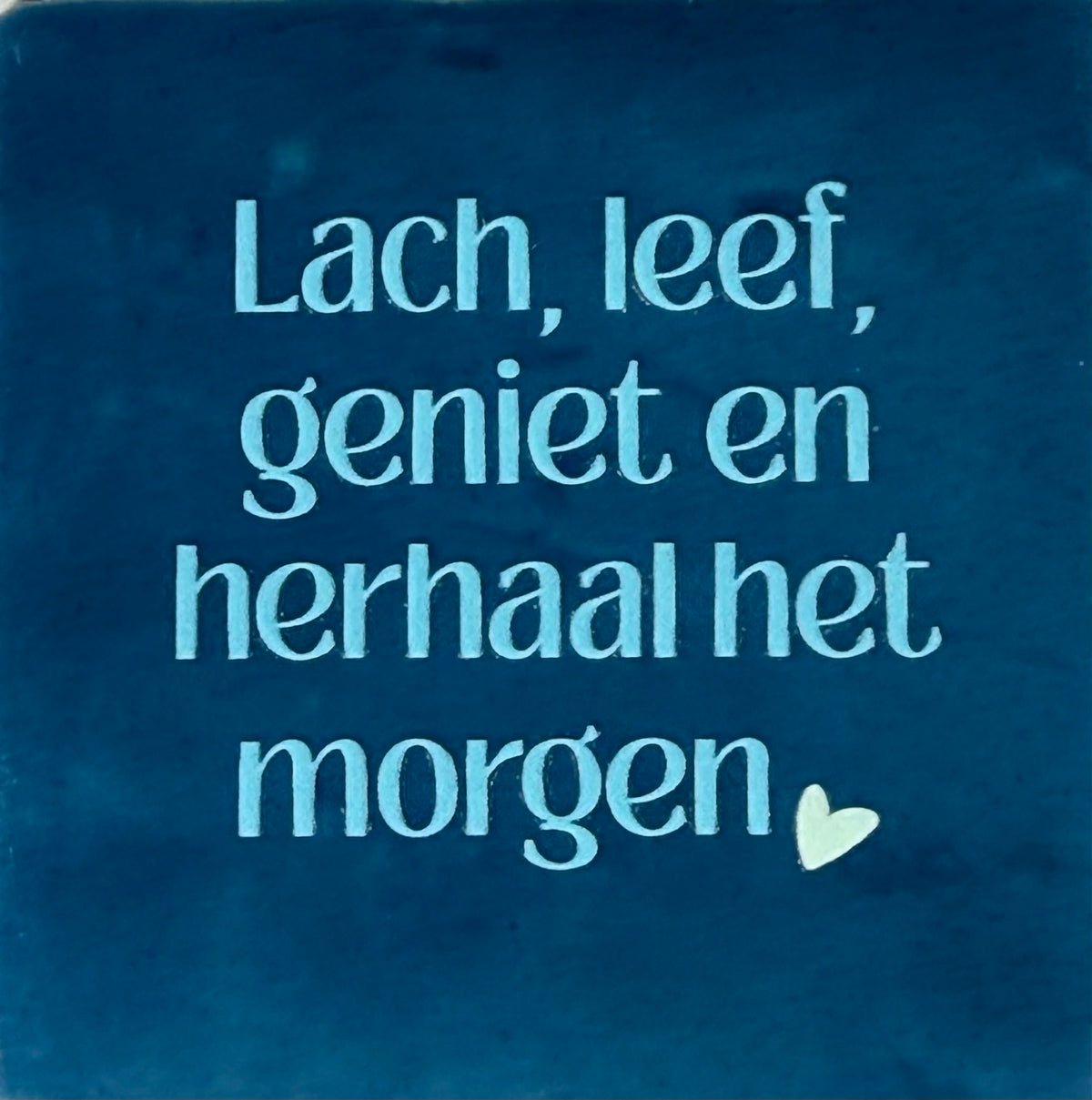 Quote tegeltje 'lach, leef, geniet en herhaal het morgen' donkerblauw/warmblauw(lichtgroen)