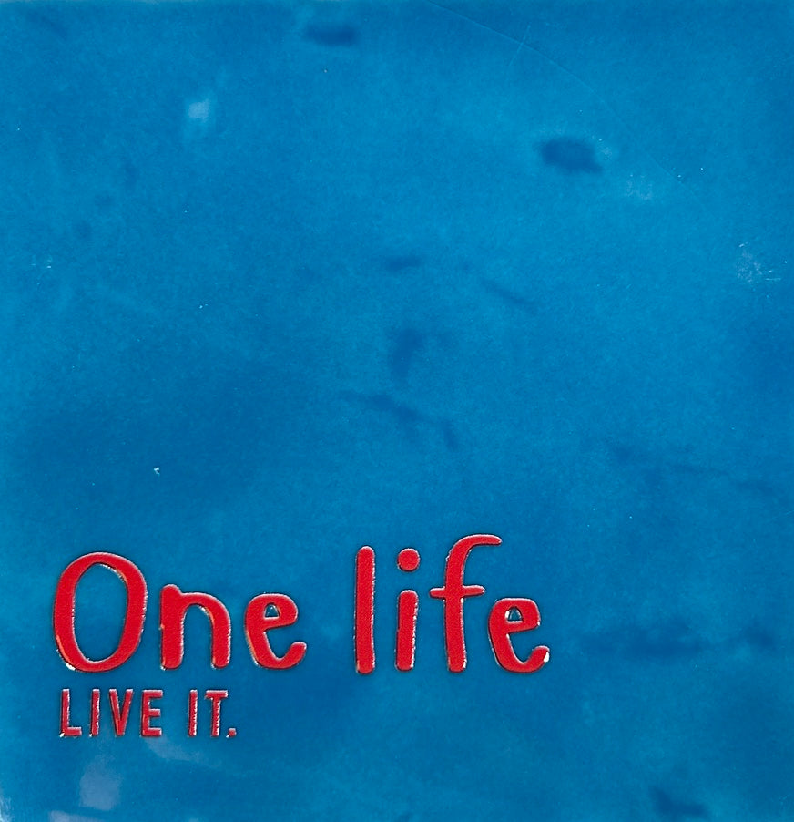 Quote tegeltje 'one life live it' lichtblauw/rood