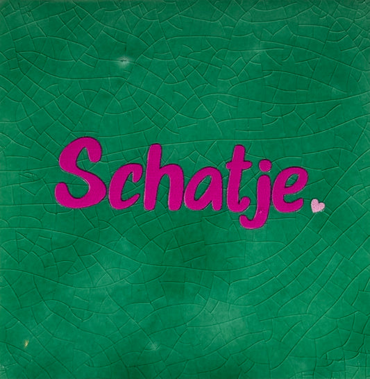 Quote tegeltje 'Schatje' nieuw hardgroen/knalroze(warmroze)