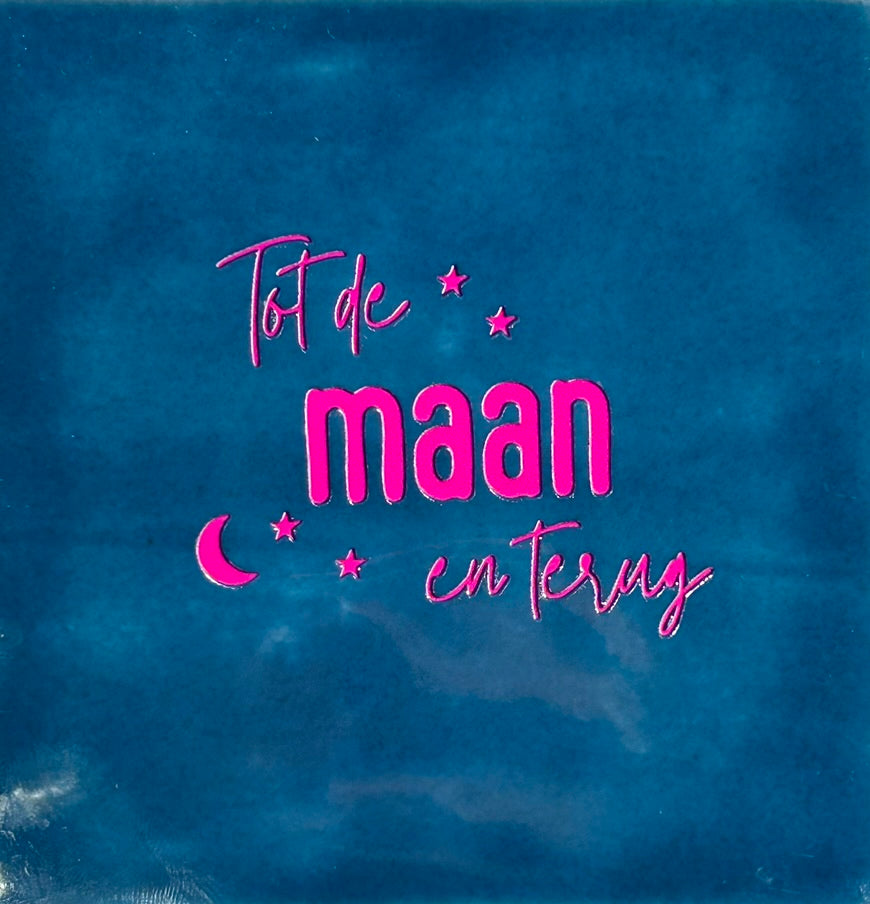 Quote tegeltje 'tot de maan en terug' donkerblauw/roze