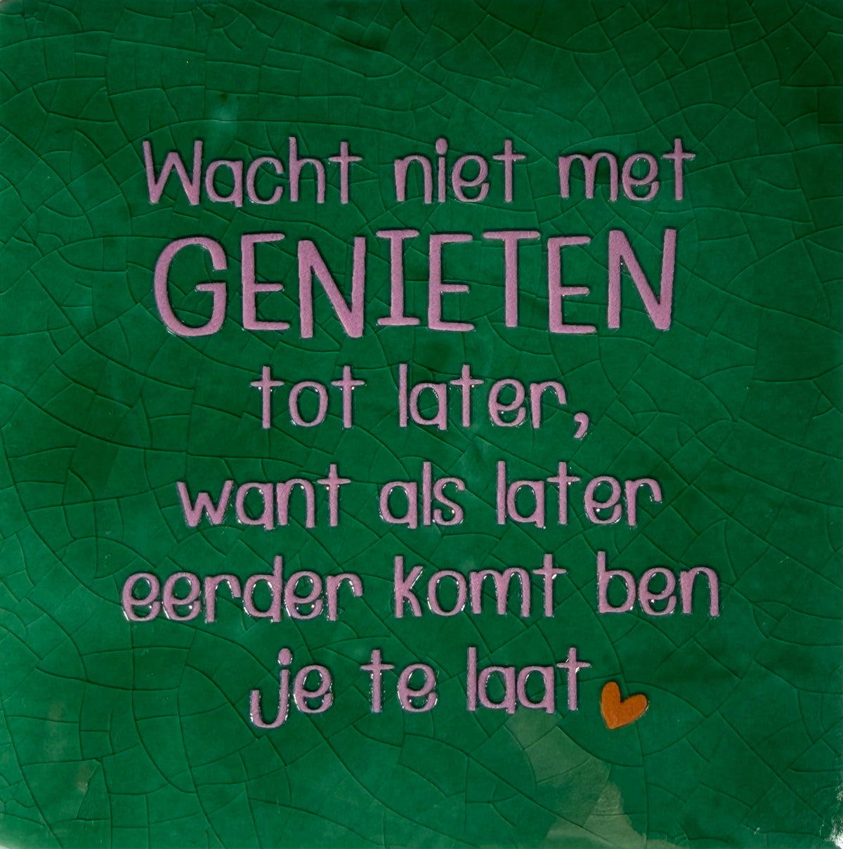 Quote tegeltje 'wacht niet met genieten..' hardgroen/warmroze(oranje)