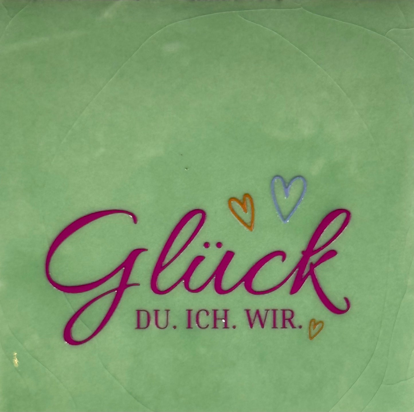 Quote tegeltje 'glück du ich wir' mint/knalroze(oranje-lila)