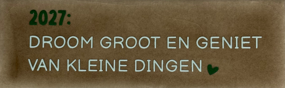 Quote tegeltje DO '2027: droom groot en geniet van de kleine dingen' taupe/donkergroen(lichtgroen)
