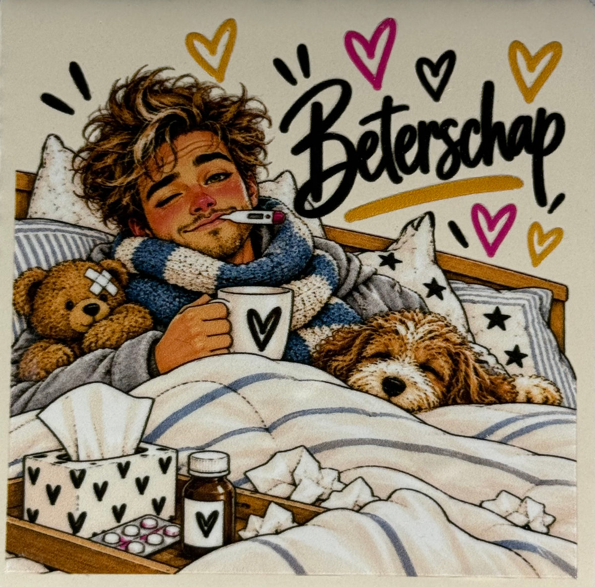 Quote tegeltje 'FUNNY beterschap man' creme/multi