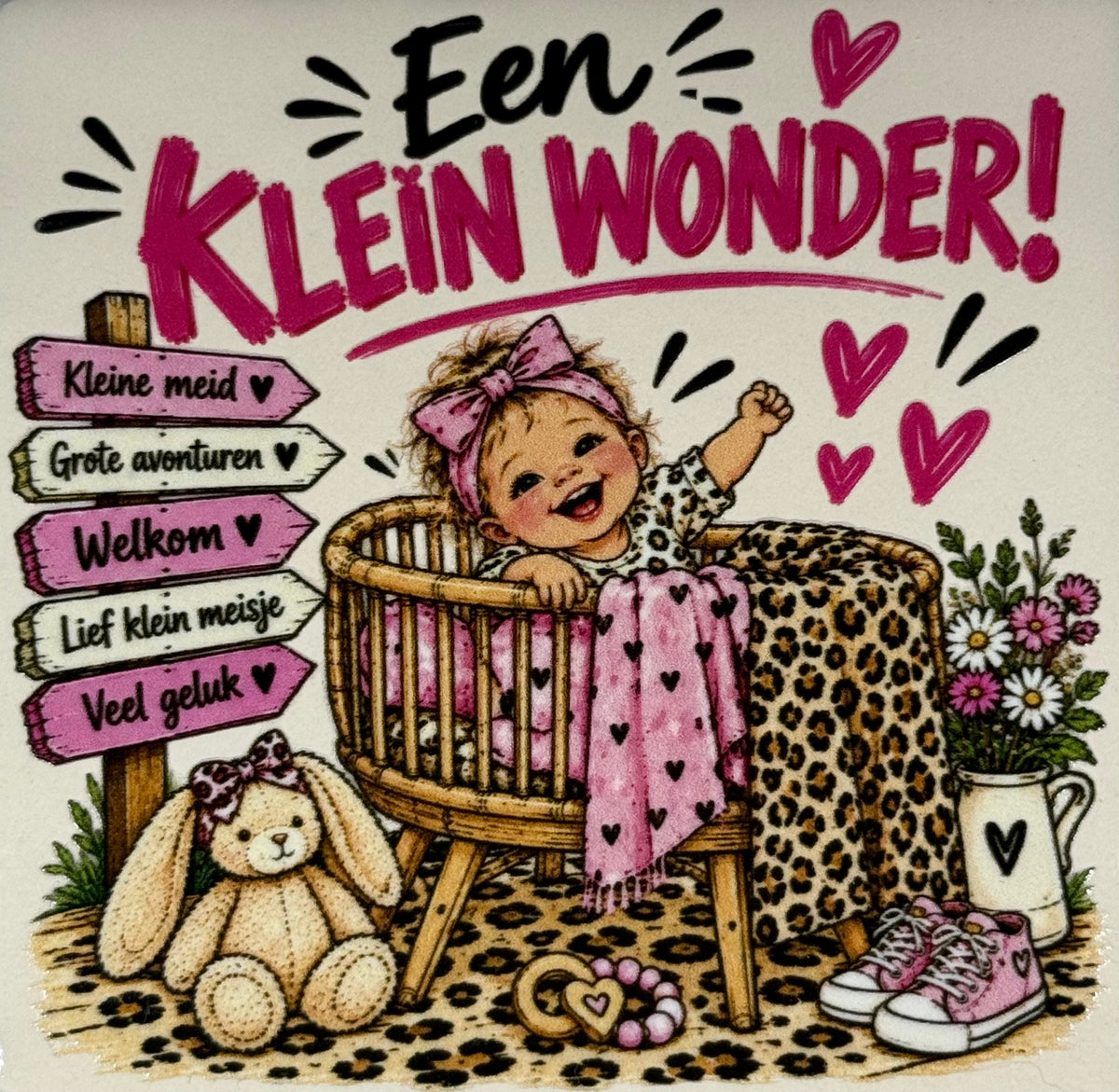 Quote tegeltje 'FUNNY een klein wonder meisje' creme/multi