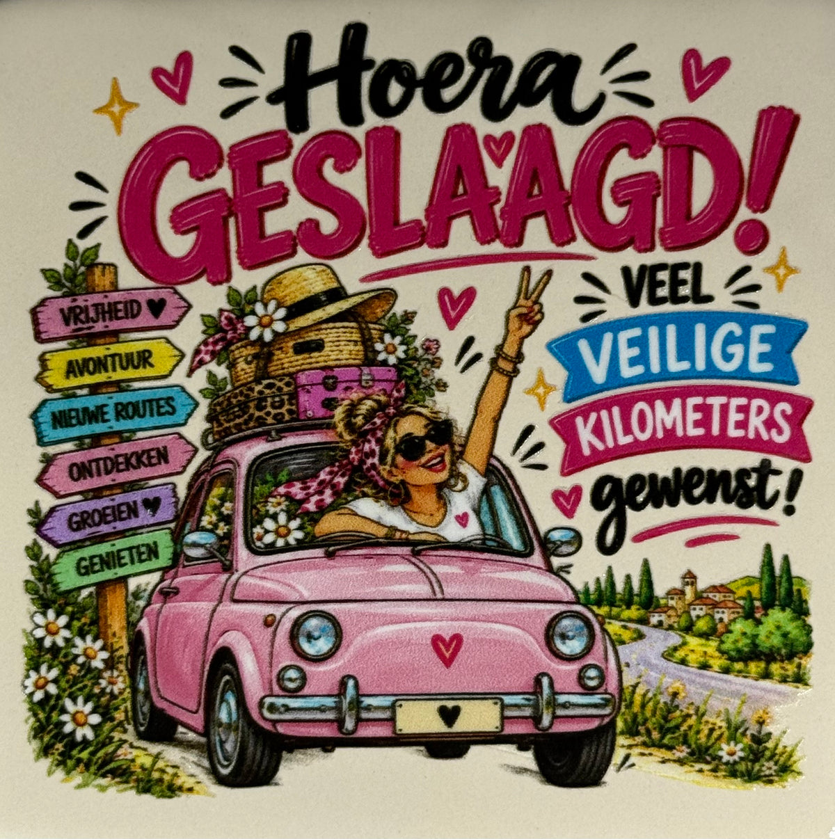 Quote tegeltje 'FUNNY geslaagd rijbewijs vrouw' creme/multi