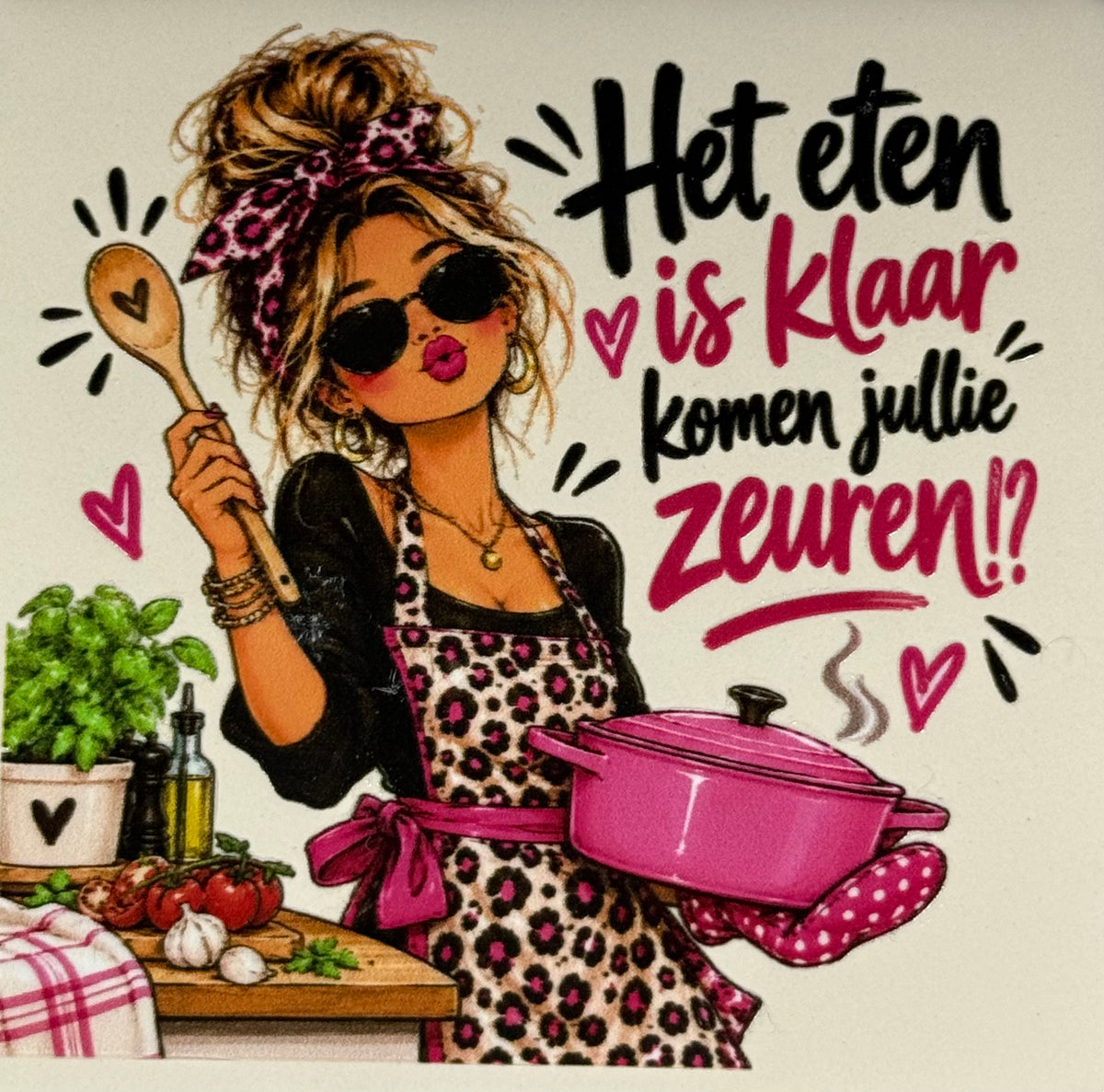 Quote tegeltje 'FUNNY het eten is klaar komen jullie zeuren' creme/multi
