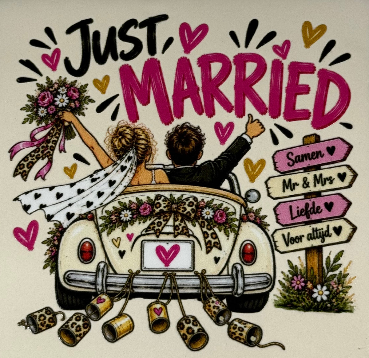 Quote tegeltje 'FUNNY just married' creme/multi