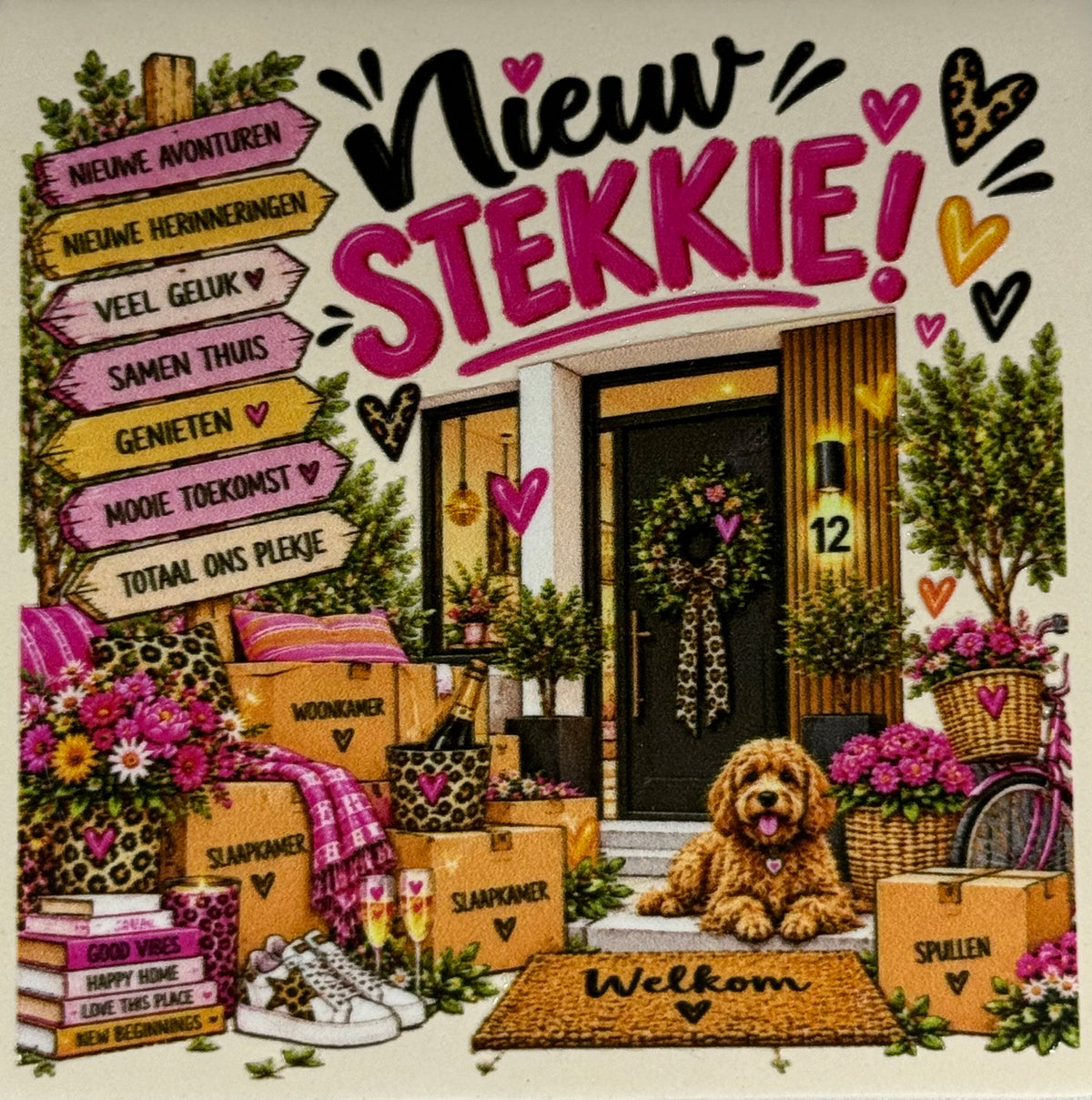 Quote tegeltje 'FUNNY nieuw stekkie' creme/multi