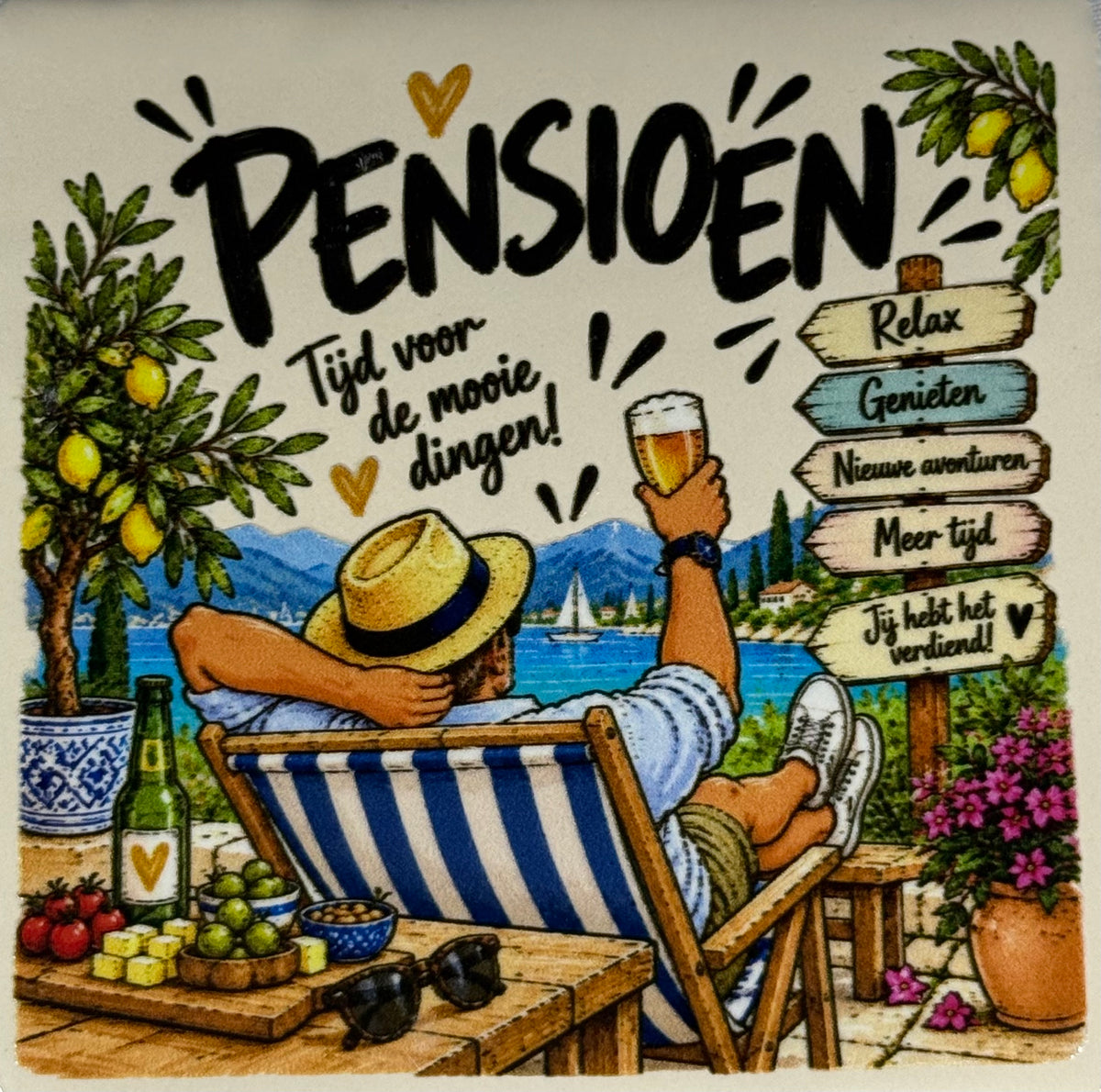 Quote tegeltje 'FUNNY pensioen man' creme/multi