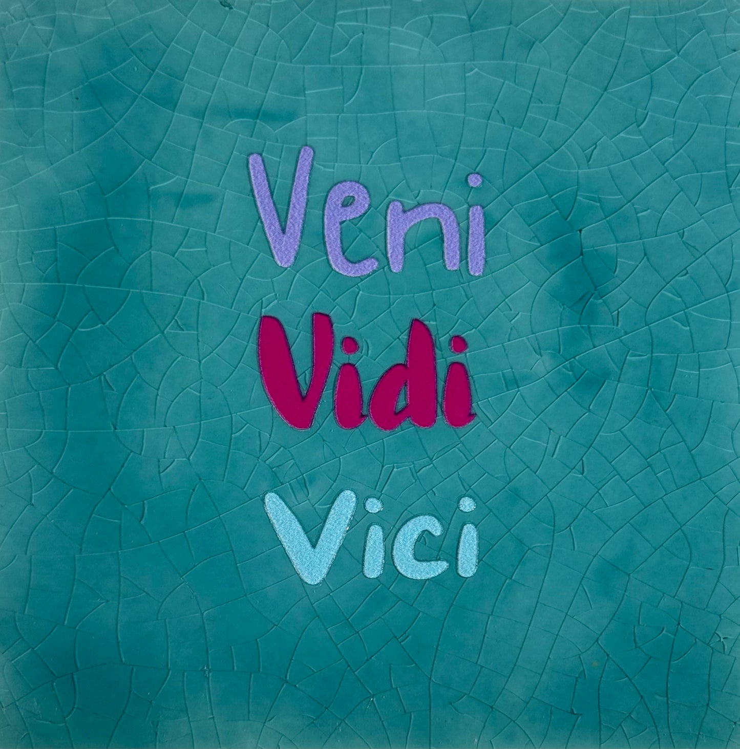 Quote tegeltje 'veni vidi vici' groen/lila (knalroze-warmblauw)