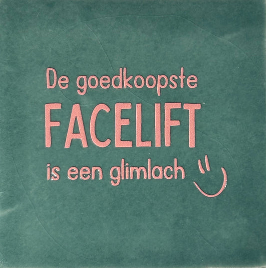 Quote tegeltje 'de goedkoopste facelift is een glimlach' zeegroen/zalm