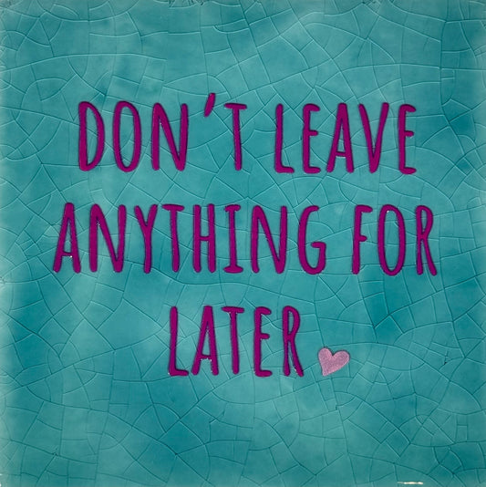 Quote tegeltje 'don't leave anything for later' groen/knalroze