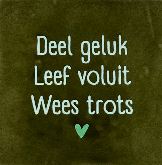 Quote tegeltje 'deel geluk leef voluit wees trots' olijf/lichtgroen(mint)