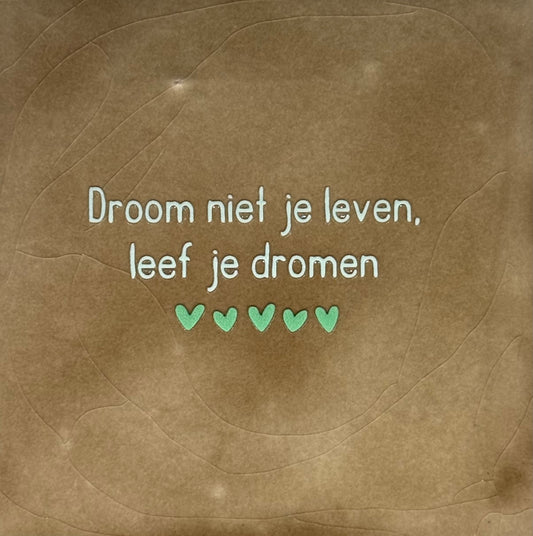 Quote tegeltje 'droom niet je leven, leef je dromen' taupe/lichtgoen(mint)