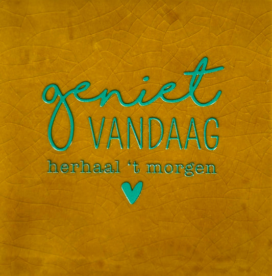 Quote tegeltje 'geniet vandaag' oker/aqua