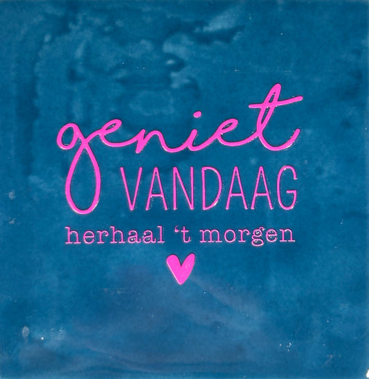 Quote tegeltje 'geniet vandaag' donkerblauw/roze