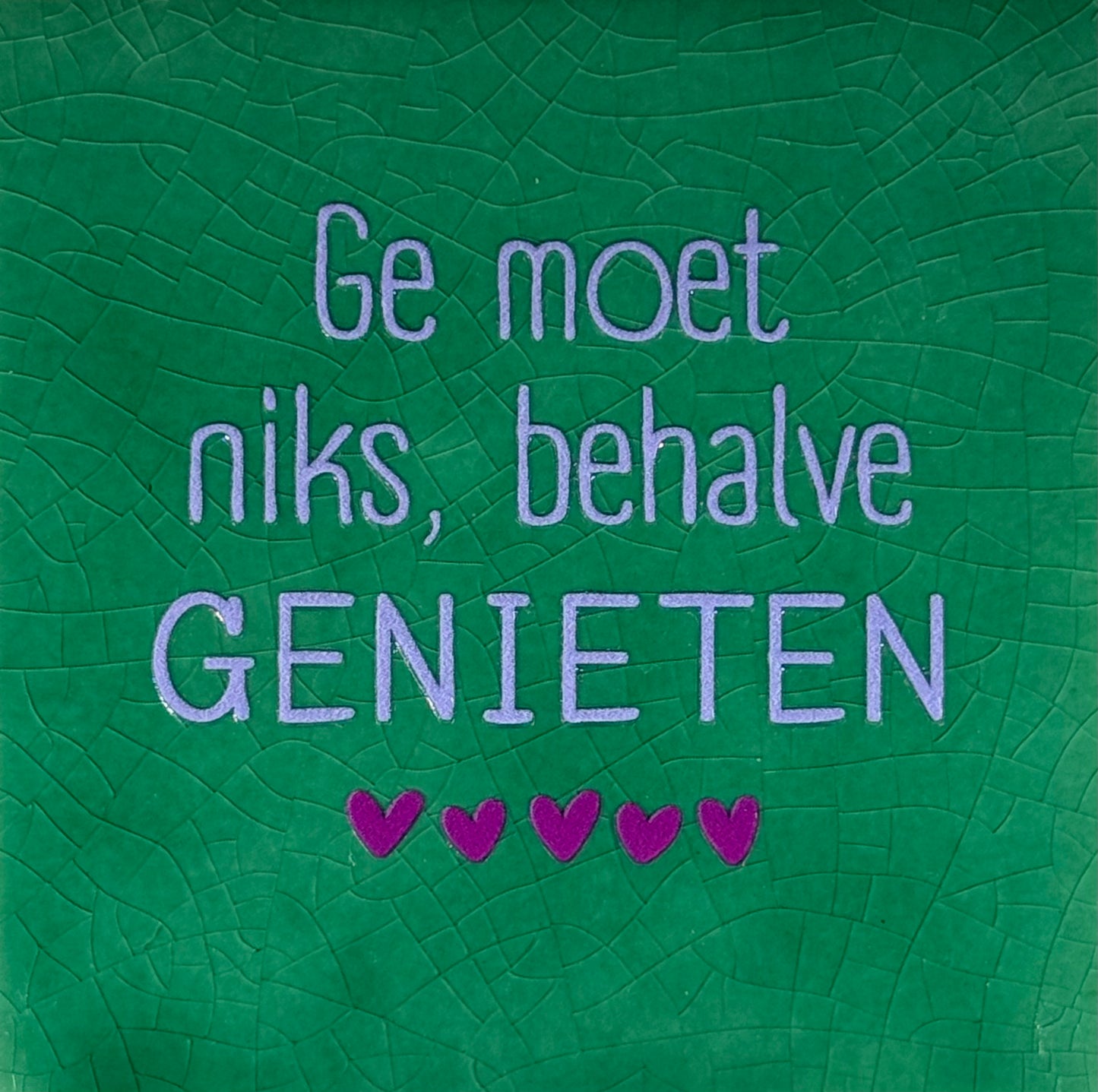 Quote tegeltje 'ge moet niks, behalve genieten' hardgroen/lila(paars)
