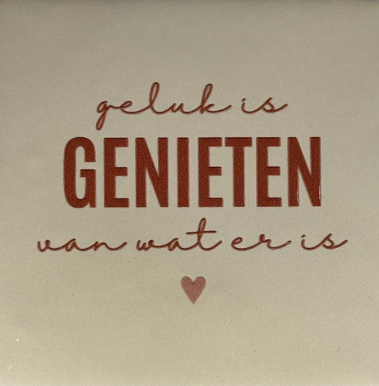 Quote tegeltje 'geluk is genieten van wat er is' creme/taupe(nude roze)