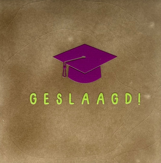 Quote tegeltje 'geslaagd hoedje' (nieuw) taupe/lime(paars)