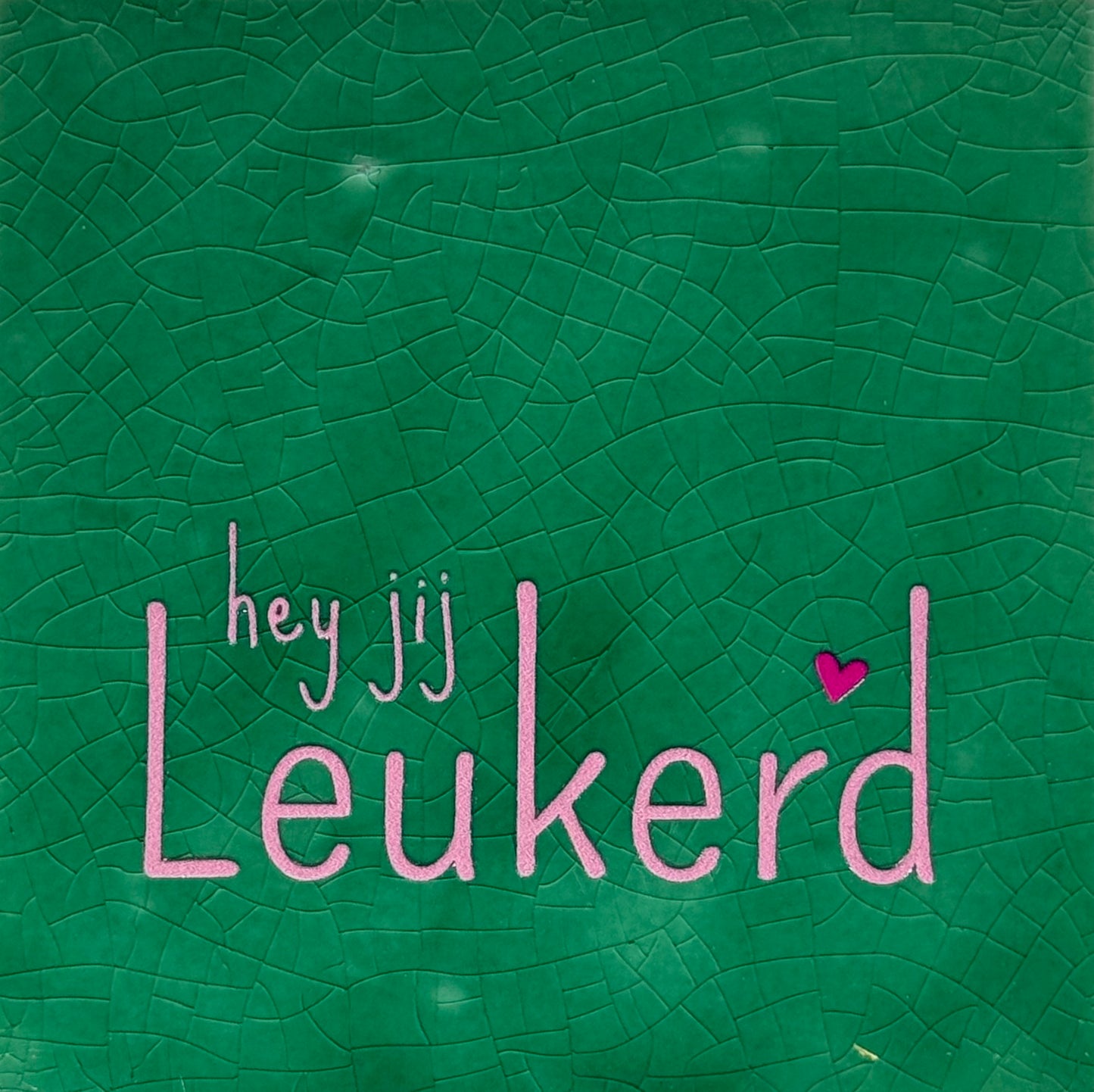 Quote tegeltje 'hey jij leukerd' hardgroen/warmroze