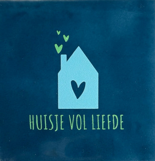 Quote tegeltje 'huisje vol liefde' donkerblauw/warmblauw (mint)