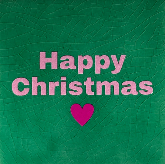 Quote tegeltje 'happy christmas' (hartje) hardgroen/warmroze(knalroze)