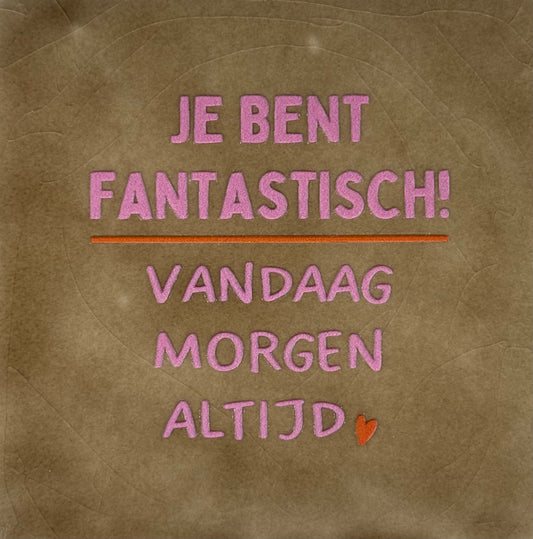 Quote tegeltje 'je bent fantastisch..' taupe/warmroze(oranje)