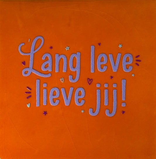 Quote tegeltje 'lang leve lieve jij' oranje/lila(paars-warmblauw)