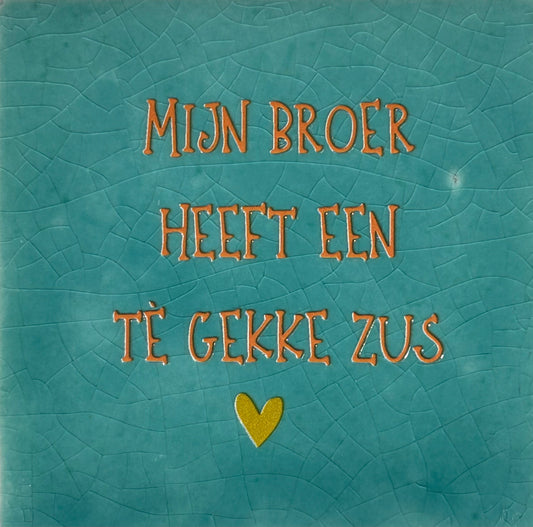 Quote tegeltje 'mijn broer .. gekke zus' groen/oranje