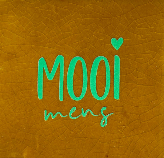 Quote tegeltje 'mooi mens' oker/aqua