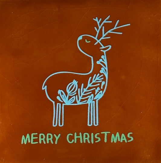 Quote tegeltje 'merry christmas' (hertje) terra/warmblauw(mint)