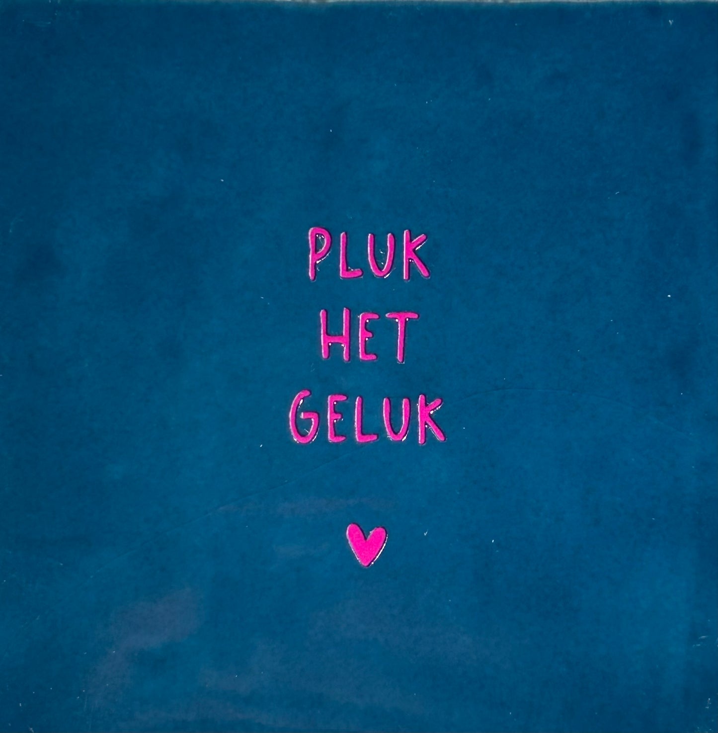 Quote tegeltje 'pluk het geluk' donkerblauw/roze