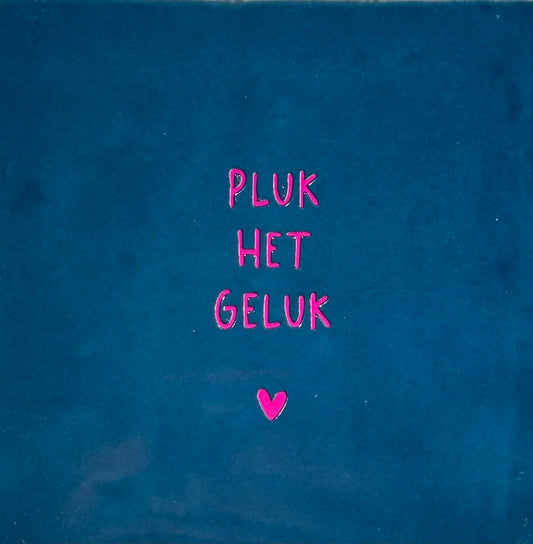 Quote tegeltje 'pluk het geluk' donkerblauw/roze