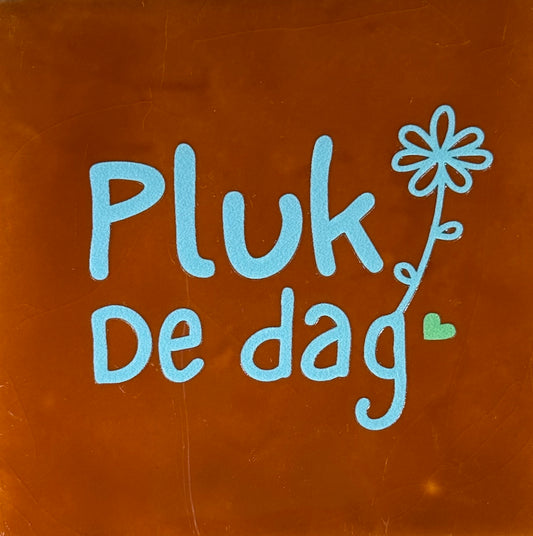 Quote tegeltje 'pluk de dag' terra/warmblauw(mint)