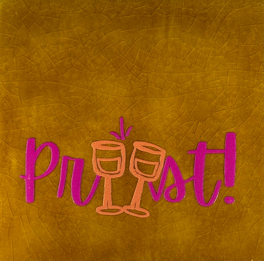 Quote tegeltje 'proost! glazen' oker/knalroze(oranje)