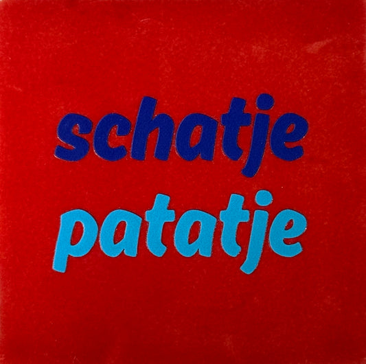 Quote tegeltje 'schatje patatje' rood/kobalt(felblauw)