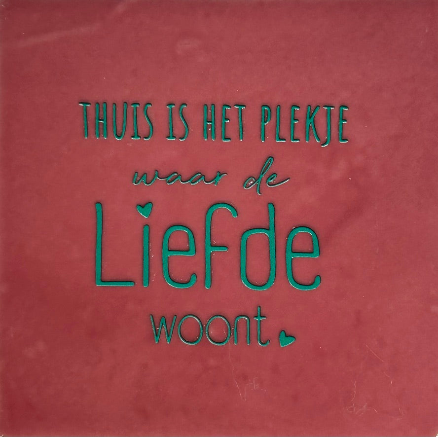 Quote tegeltje 'thuis is het plekje...' roze/aqua