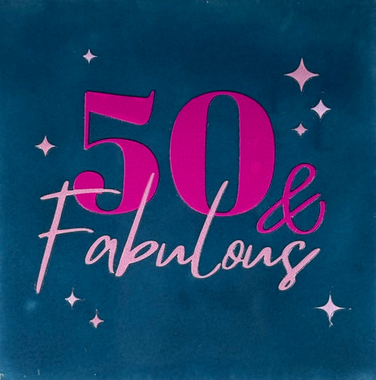 Quote tegeltje '50 & fabulous' donkerblauw/knalroze(warmroze)