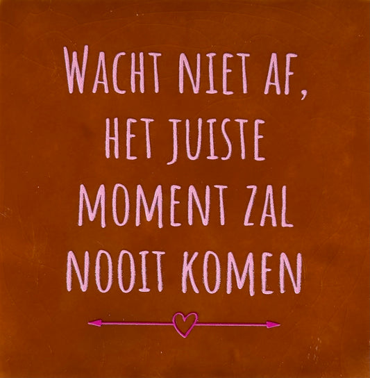 Quote tegeltje 'wacht niet af, het juiste moment zal nooit komen' terra/babyroze (knalroze)