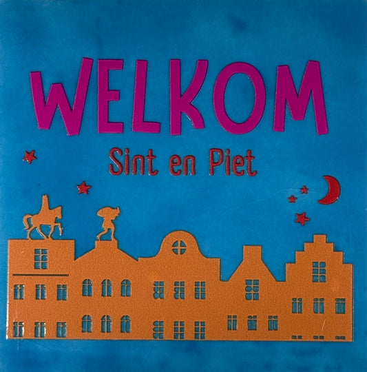 Quote tegeltje 'welkom sint en piet' lichtblauw/oranje (knalroze-rood)
