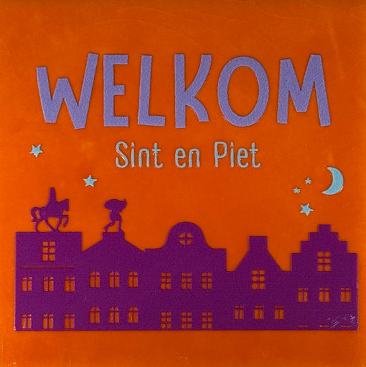 Quote tegeltje 'welkom sint en piet' oranje/paars(lila-warmblauw)
