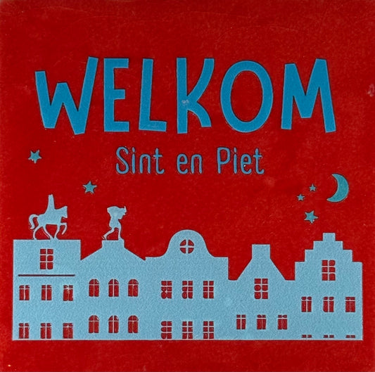 Quote tegeltje 'welkom sint en piet' rood/warmblauw(turquoise)