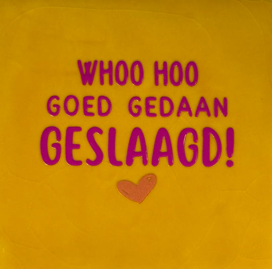 Quote tegeltje 'whoo hoo goed gedaan geslaagd' geel/knalroze(oranje)