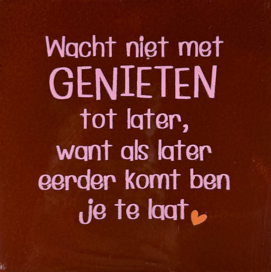 Quote tegeltje 'wacht niet met genieten..' kastanje/warmroze(oranje)