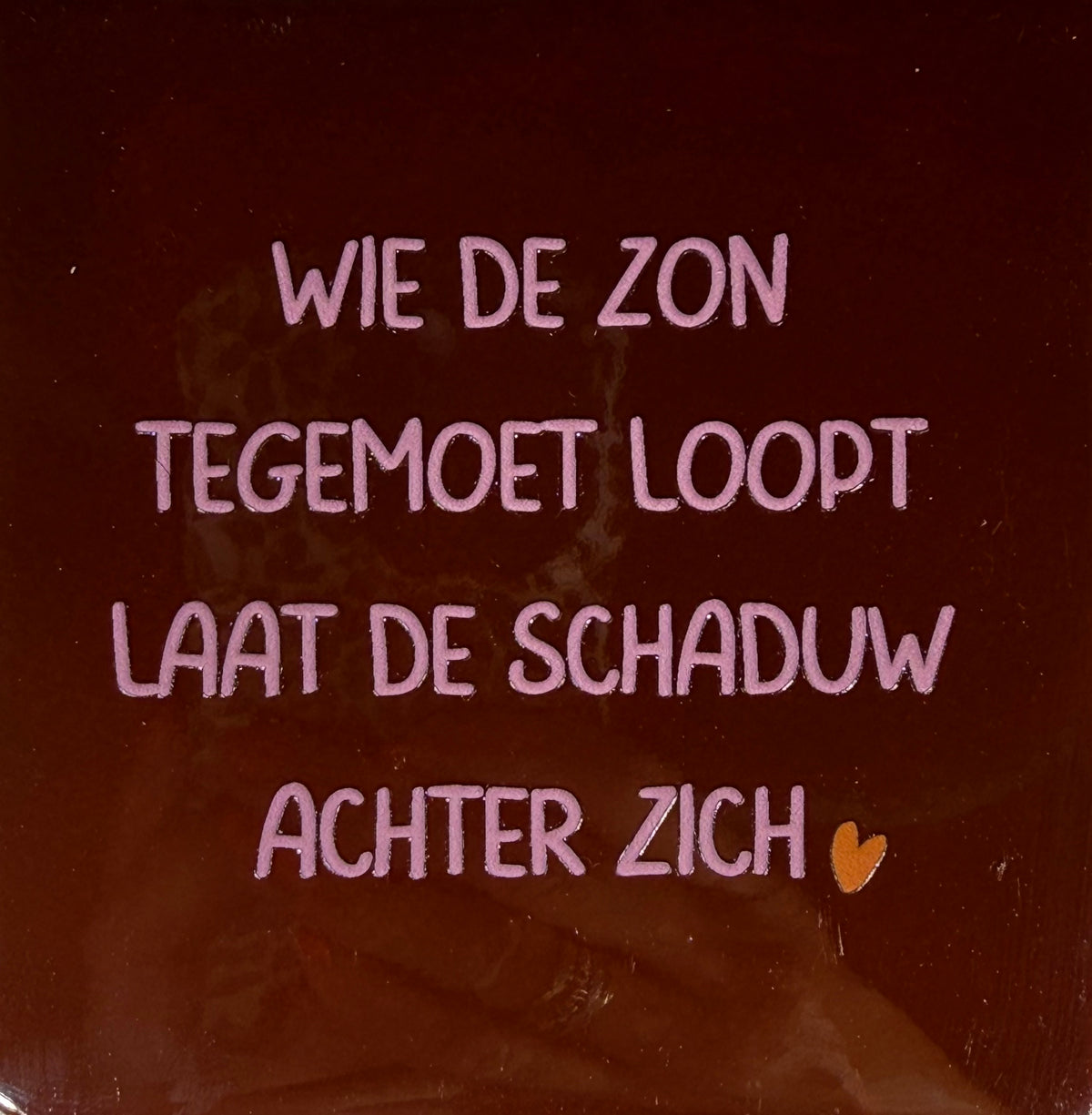 Quote tegeltje 'wie de zon tegemoet loopt laat de schaduw achter zich' kastanje/warmroze(oranje)