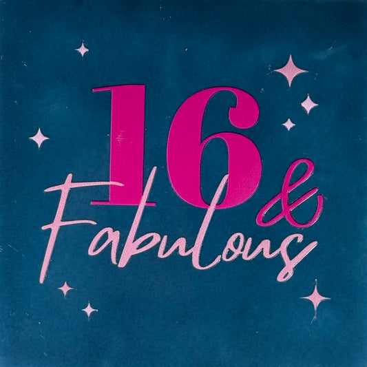Quote tegeltje '16 & fabulous' donkerblauw/knalroze(warmroze)